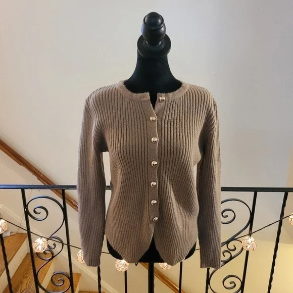 Commense Ribbed Knit Cardigan Gold Button Down Neutral Minimalist Sweater Size S - Picture 2 of 10